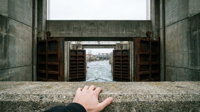 A person's hand rests on concrete looking out at a powerful river flowing through open industrial floodgates