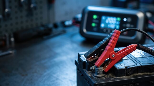 Car battery being charged by a portable electronic device with jumper cables attached