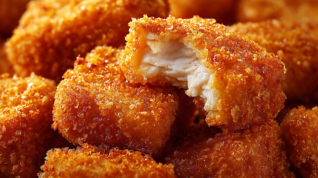 Golden brown crispy chicken nuggets with one piece bitten, showcasing tender meat inside, arranged in a close-up view on a textured surface