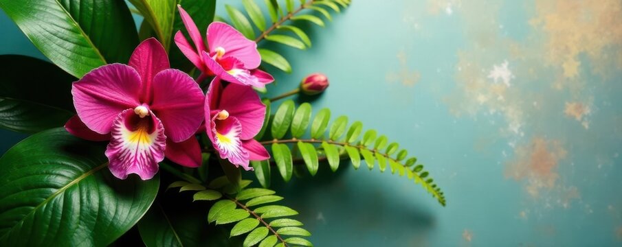 Lush tropical arrangement Monstera, ferns, Vanda orchids on branch , flora, jungleplant, decorations