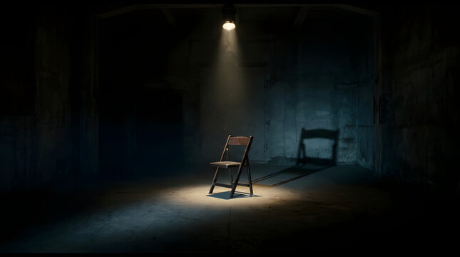 Halloween stage lighting empty chair in dark dramatic theater scene