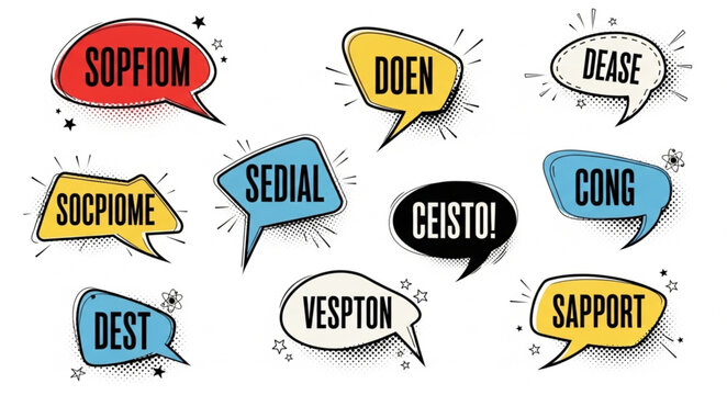 Collection of colorful speech bubbles with fictional words.