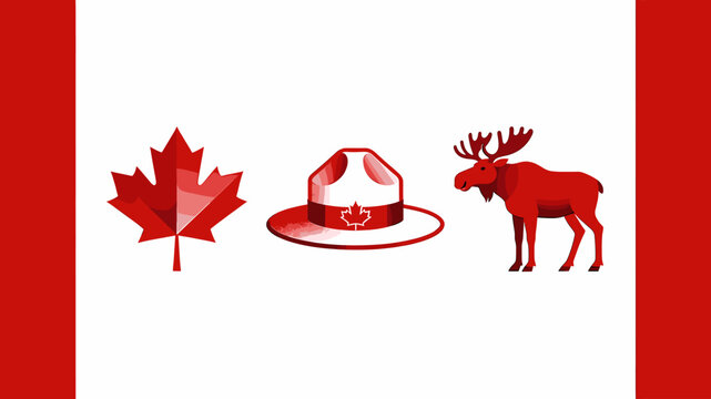 Canadian flag design with iconic red maple leaf, RCMP hat, and moose symbols on white background.