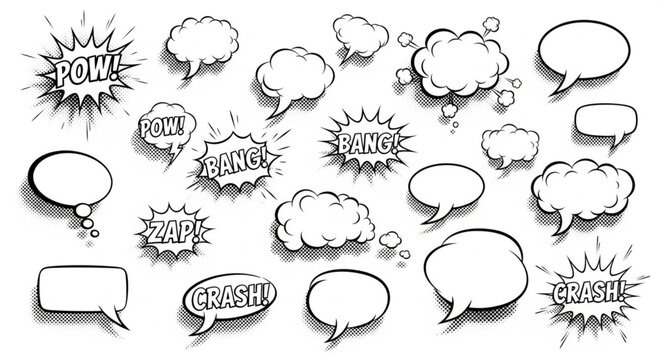 Collection of comic book speech bubbles and sound effects.