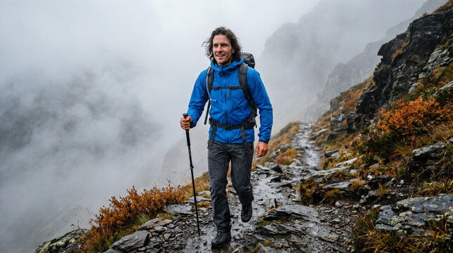 hiker trekking misty mountain trail in autumn, enjoying adventure and nature