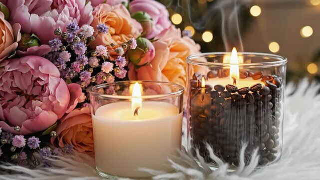 Burning candles and pink peonies on white fur rug