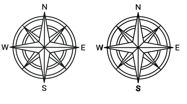 Detailed compass rose navigation icons for maps and wayfinding design assets.