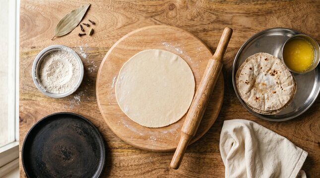 rustic kitchen scene with dough preparation for homemade flatbreads on wooden table