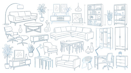Obraz premium Set of modern furniture icons in isometric view, handdrawn sketch style