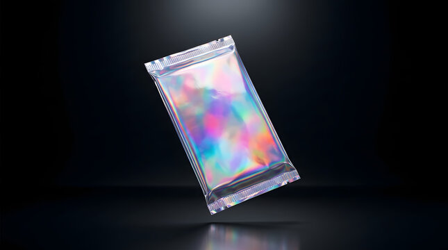 Holographic trading card packaging mockup in luxury studio