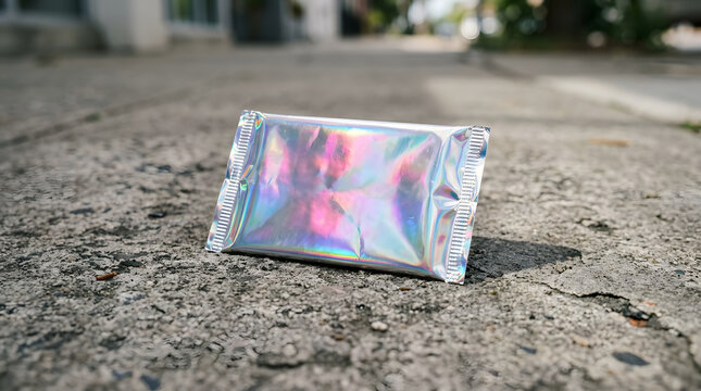 Iridescent booster pack mockup on raw concrete surface