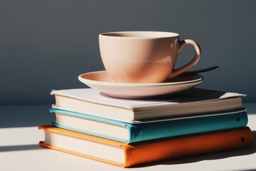 Fototapeta premium Stack of books with coffee cup and saucer on top in bright sun. Morning light creates soft shadows on muted gray wall. Relaxing scene for reading or study.