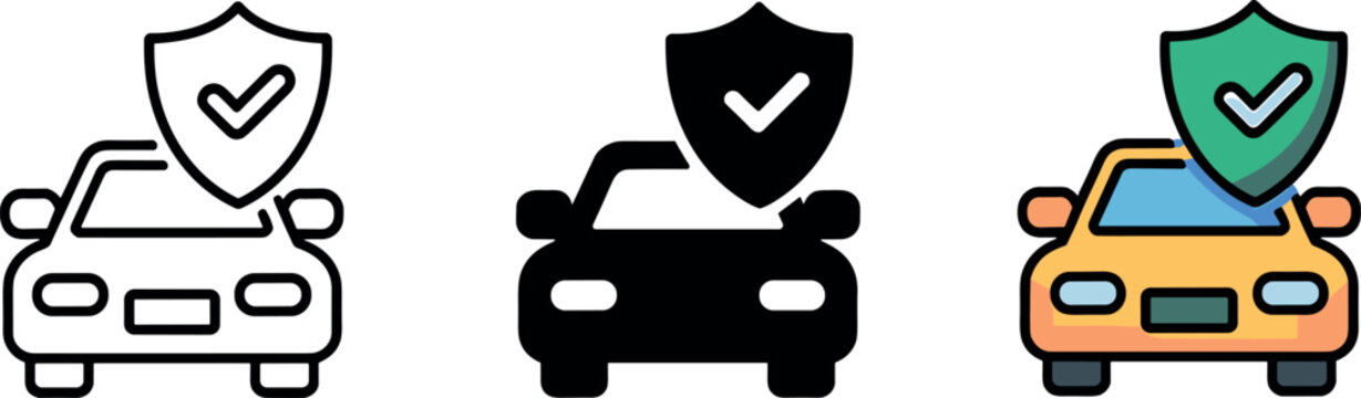 Set of car insurance and vehicle protection icons with shield and checkmark symbols for automotive safety services