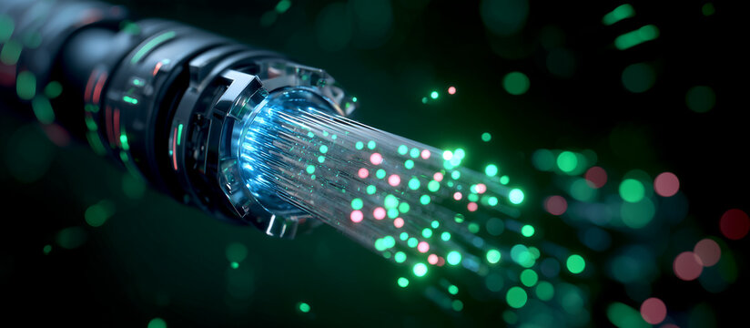 Futuristic fiber optic cable with glowing green and blue data particles for high-speed internet and technology concept, 3D illustration.