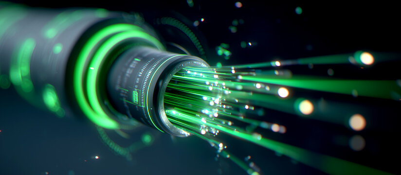 Futuristic Green Fiber Optic Cable Transmitting High Speed Data in Digital Network
