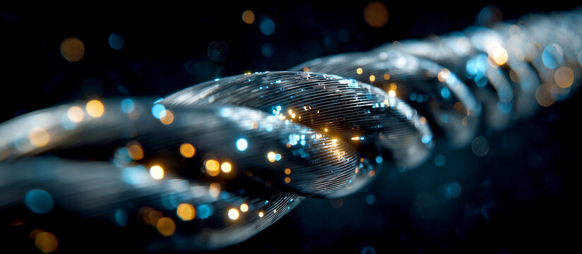 Macro of Twisted Fiber Optic Cables with Glowing Gold and Blue Bokeh Data Particles