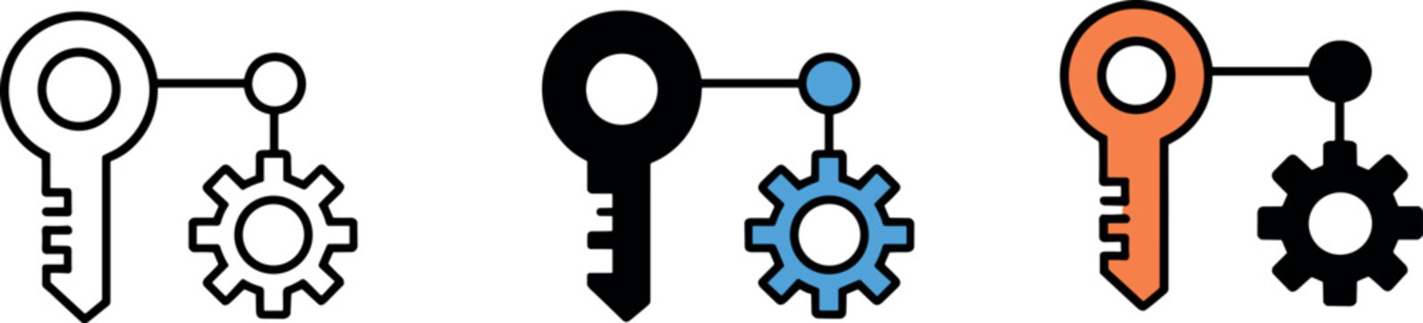 Key and gear connection icons representing technical password security automation software configuration and administrative access settings for system management