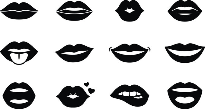 Stylized lip silhouette icons showing diverse mouth expressions including smile, kiss, tongue, and biting gestures for design