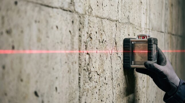 A hand wearing a glove holds a laser level projecting a red line onto a textured concrete wall