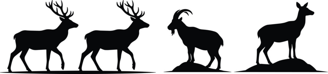 Fototapeta premium Deer and Mountain Goat Silhouette Set with Antlered Stag Wildlife Animals in Natural Outdoor Landscape