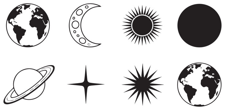 Planet earth and sun vector illustrations with moon crescent saturn and sparkling star graphics.