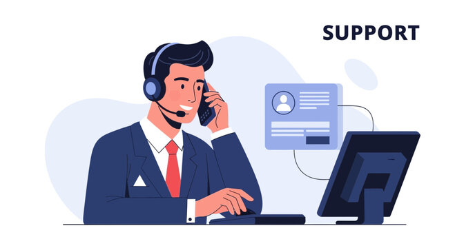 Customer Service Representative with Headset and Computer, Support Concept