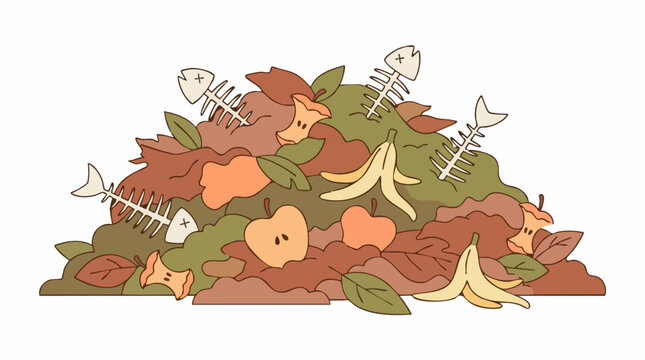 Illustration of organic food waste pile with fruit peels, leaves, and fish bones
