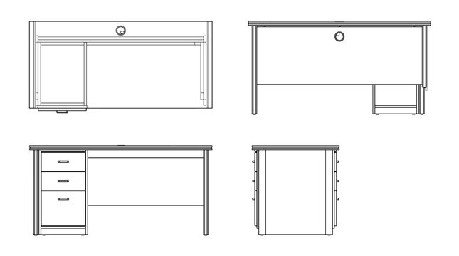 Desk technical drawing blueprint with front side back and top views CAD line art vector illustration