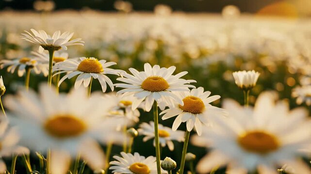 Field of white daisies in golden sunset light