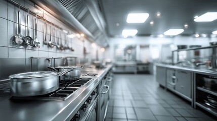 Obraz premium Professional Restaurant Kitchen Interior with Stainless Steel Equipment and Culinary Tools