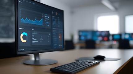 Naklejka premium A professional data analytics dashboard displayed on a modern monitor in a high tech office workspace