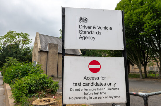 London. UK- May 04. 2026. A close up of the Driver and Vehicle Standards Agency sign by the entrance to a driving test centre.