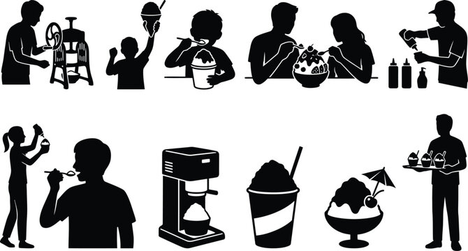 People making and serving ice cream treats isolated on white background, Vector