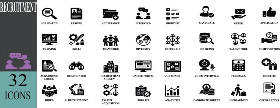 Recruitment icons set for hr and job search, Editable line icons. Vector illustration.
