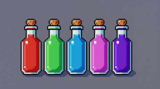 Pixel art bottles contain red green blue pink purple potions or elixirs. These colorful liquids are stoppered with corks, presented on a plain background.