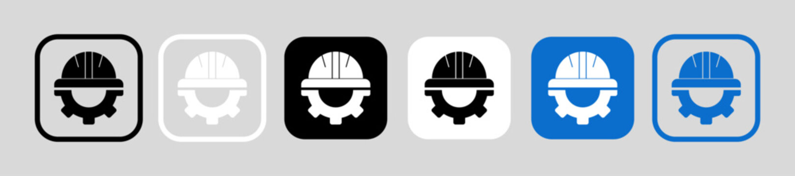 Construction helmet on the gear icons set. Construction, labor and engineering symbols. Helmet and gear flat or line icon - stock vector