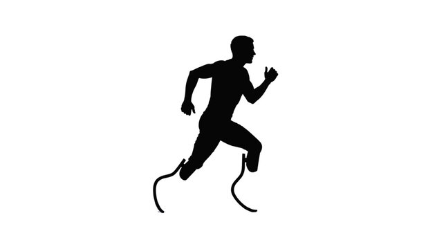 Amputee athlete running with prosthetic legs silhouette. Veteran participating in race concept. Flat vector illustration isolated on transparent background