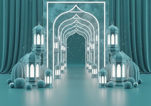 Islamic mosque interior with arches and lanterns