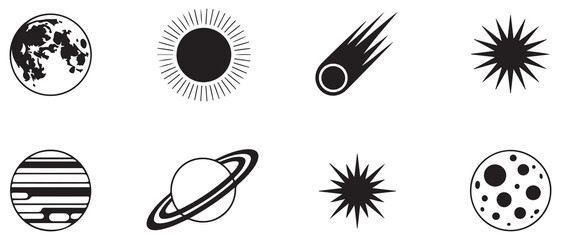 Assortment of astronomical and celestial icons including planets sun moon and comet. © MdSamsul