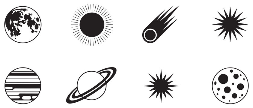 Assortment of astronomical and celestial icons including planets sun moon and comet.