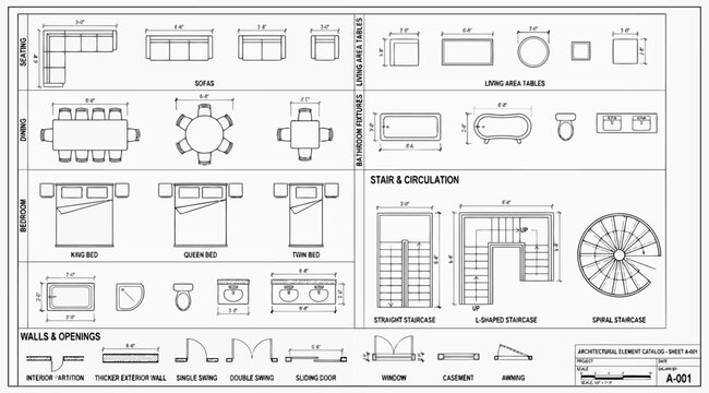 Architectural element catalog for interior design and floor plan layouts