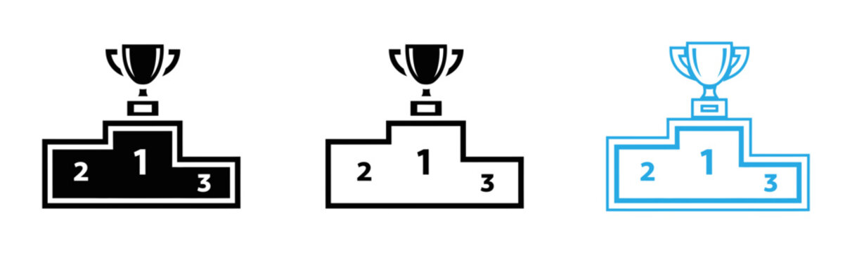 Podium with trophy icon set black and blue line art
