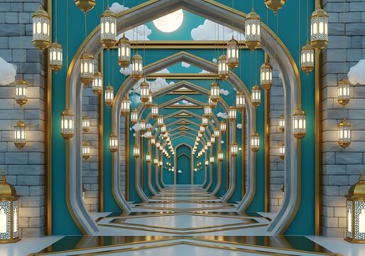 Beautiful mosque interior with hanging lanterns and arches