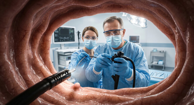 Medical team performing colonoscopy inside intestinal lumen during endoscopic exam