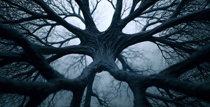 Looking up through dark bare leafless tree branches against foggy muted sky creates mysterious moody atmospheric natural landscape concept