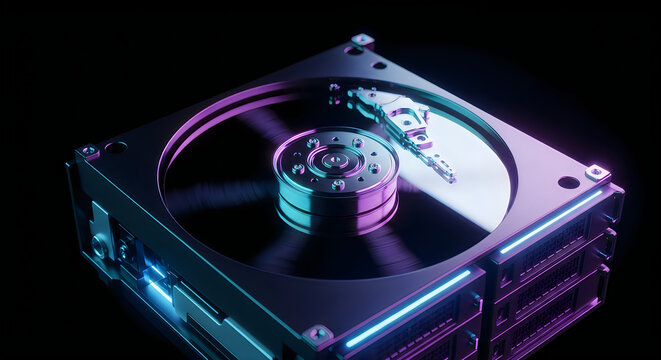 Hard disk drive interior with neon lights dark background read write head storage device computer technology component interior circuitry