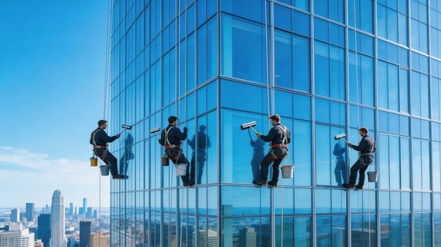A team of window cleaners at work on a modern high-rise building, showcasing their safety gear and harnesses as they clean the exterior glass windows with a city skyline in the background.