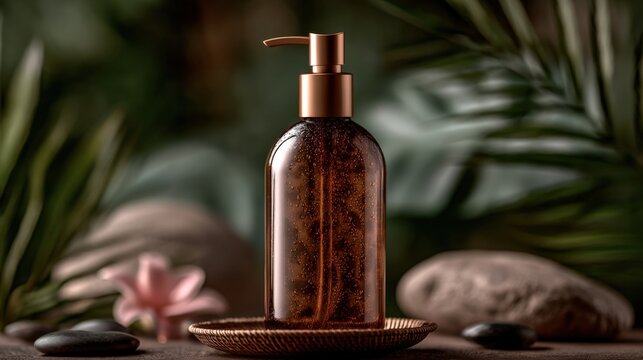 Amber glass dispenser bottle with copper pump surrounded by tropical leaves and spa stones
