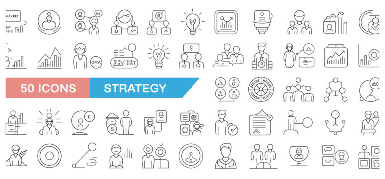 50 strategy icons representing business planning, teamwork, and organizational development