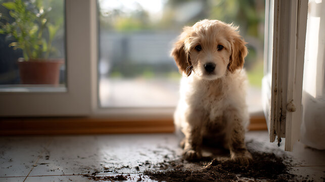 Adorable golden retriever puppy covered in mud on the floor next to a bright window, showcasing innocent mischief and a playful nature at home